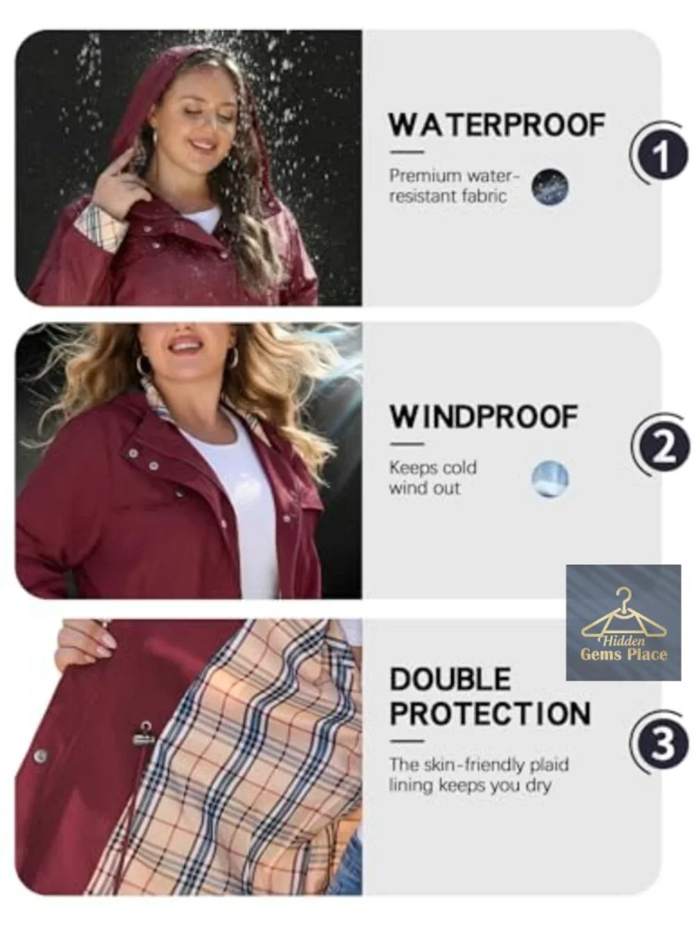 Plus Size Women's Lightweight Waterproof Hooded Raincoat Windbreaker
